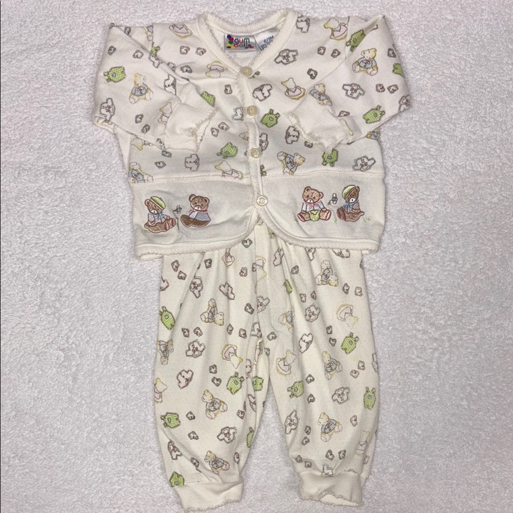 Vintage gumballs embroidered teddy bear cream set 6/9m